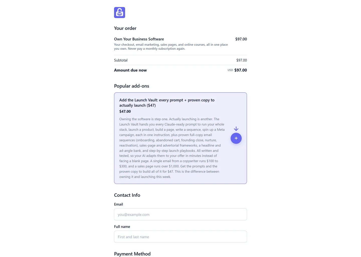 The OwnStack checkout with an order bump and Apple Pay